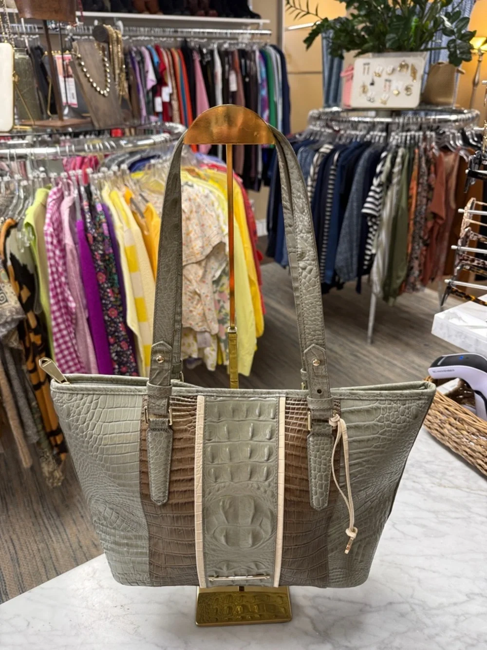 Brahmin Medium Asher Tote Embossed Croc Leather Sage and Tarama Two Tone